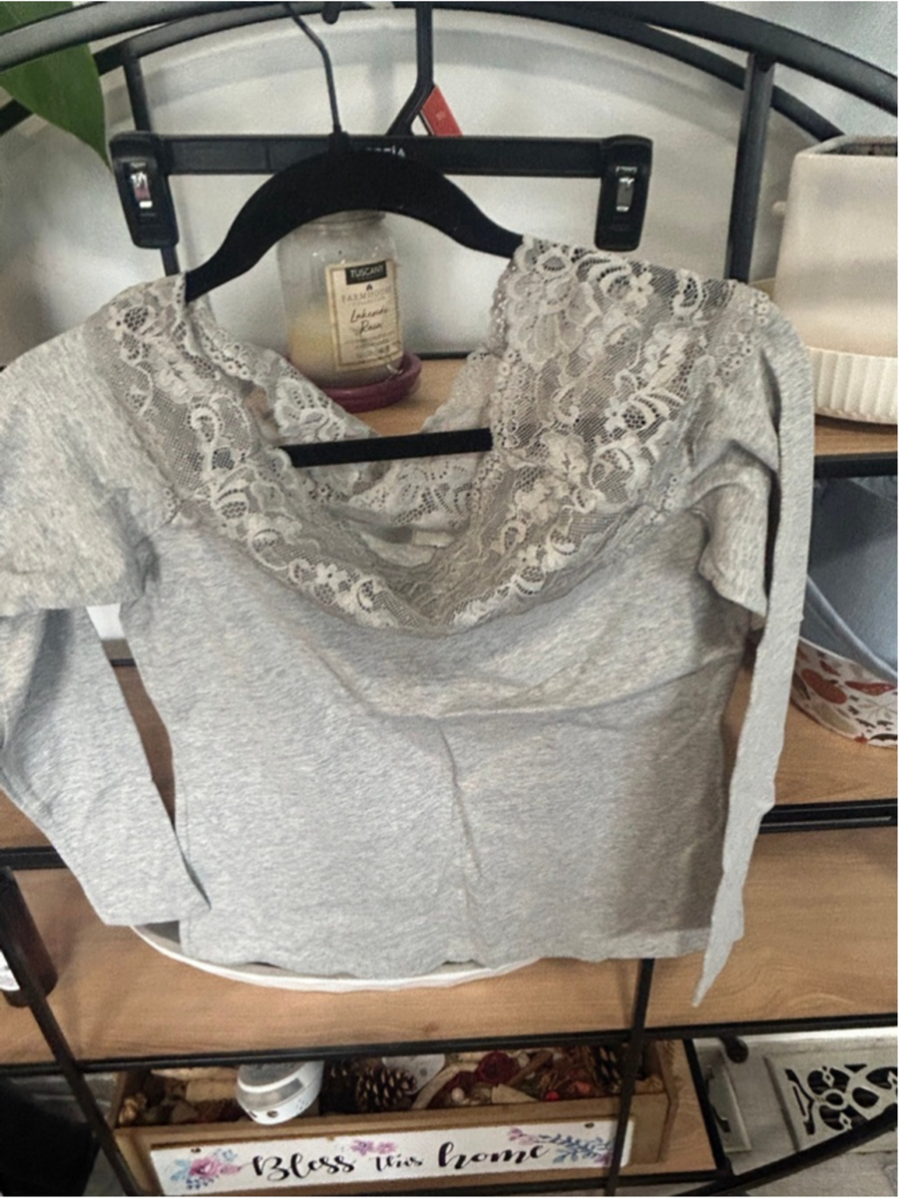 Women's H&M Gray Long Sleeve Tee with White Lace Trim, Size M